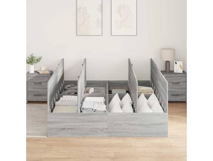 KTHLBRH Boxspringbett Grau Sonoma 150 x 200 cm Massives Kiefernholz, Türen mit Scharnieren, Griffe aus Leder, Kapazität 200 kg