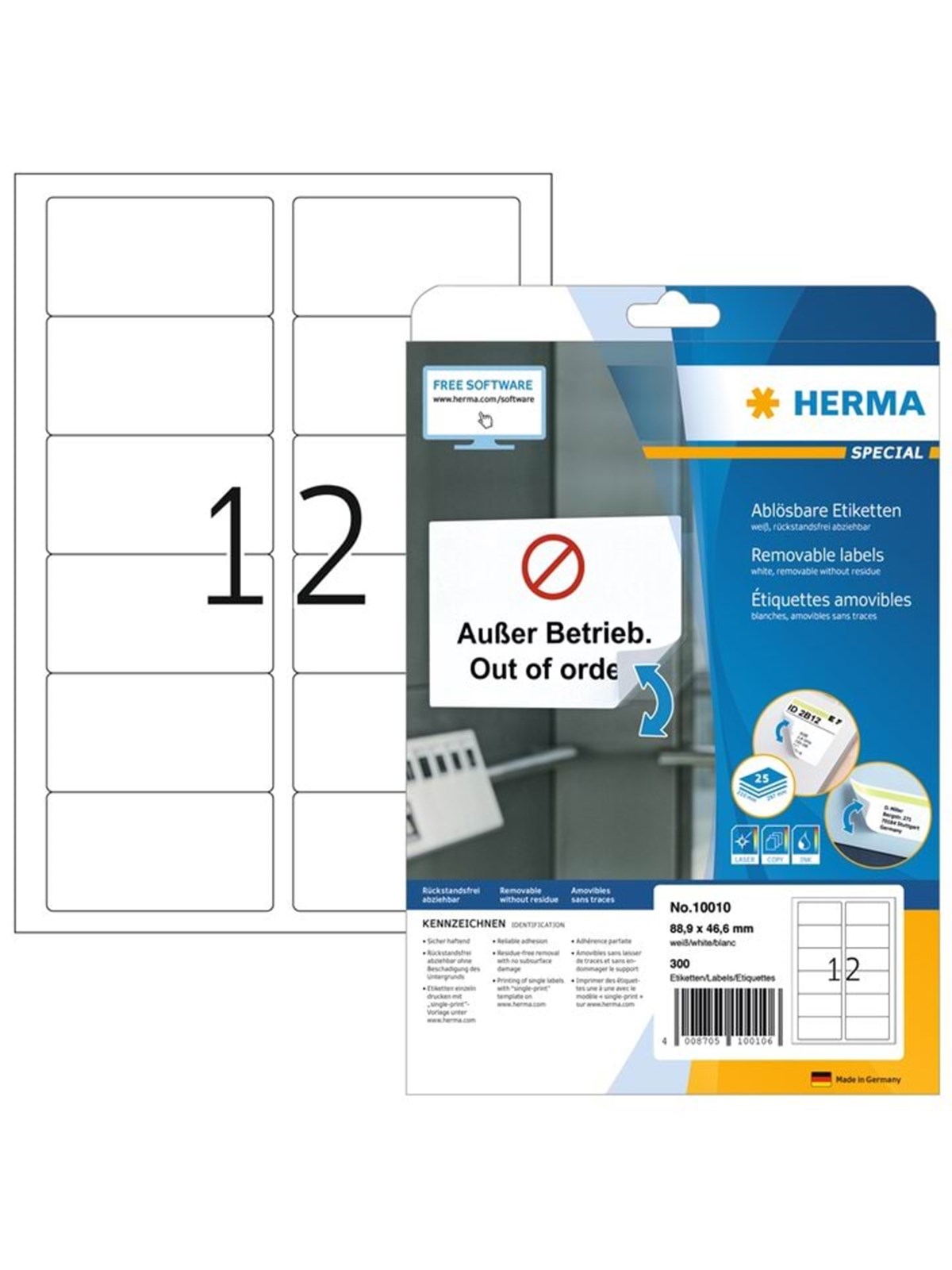 HERMA Ablösbare Etiketten A4, 88,9 x 46,6 mm, weiß