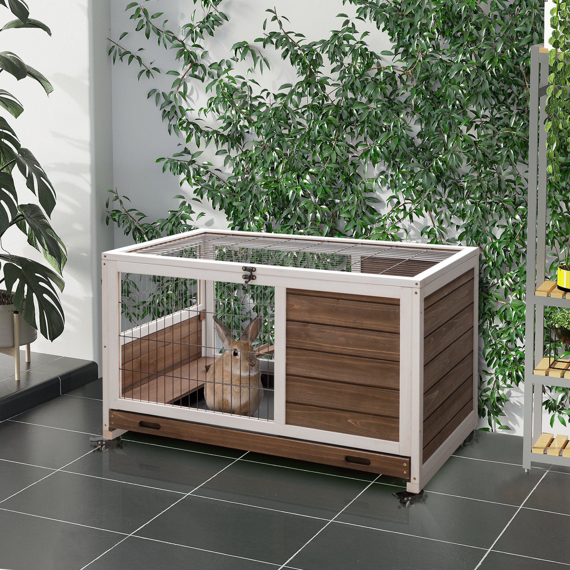 Pawhut Conigliera in Legno con 4 Ruote, Casetta per Conigli e Rampa, 90x53x59cm, Marrone