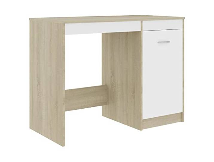 POUFGDR Schreibtisch, Weiß und Eiche Sonoma, 100 x 50 x 76 cm, Spanplatte Mit integriertem Schrank, Aufbewahrung für Bücher und Ordner, leicht zu reinigen