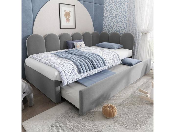 Lit enfant 90x200cm + lit Gigogne 90x190cm avec sommier à lattes Velours Gris