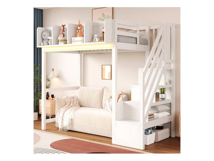 OKWISH Hochbett Jugendbett (Kinderbett mit Sicherheitsgitter, 90x200 cm Funktionsbett) Inklusive Matratze