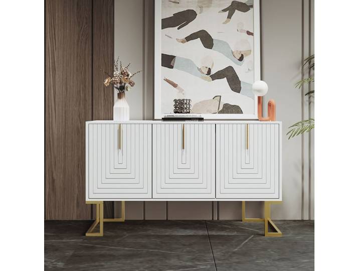 ROVRYN Buffet bas 3 portes blanc étagères réglables motif en U poignées dorées base métallique