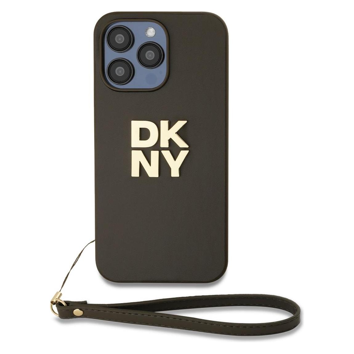 DKNY PU Leather Stack Logo Wrist Strap Case for iPhone 14 Pro Brown (Apple iPhone 14 Pro) (DKHCP14LPBSWSA)