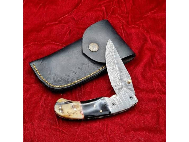 CRAFTOMATIK Damast Stahl Taschenmesser Klappmesser Büffelhorn, Widderhorn, Damast Stahl, Messing Stiften Griff Handgefertigt Outdoor Damastmesser Camping Messer FK55