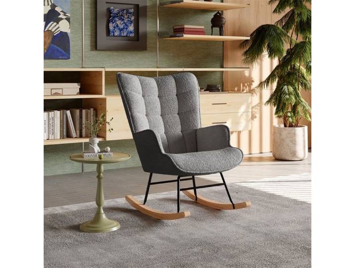 Fauteuil à Bascule - Rocking Chair en Tissu Bouclette Teddy - Fauteuil de détente avec Dossier Capitonnée - Gris foncé