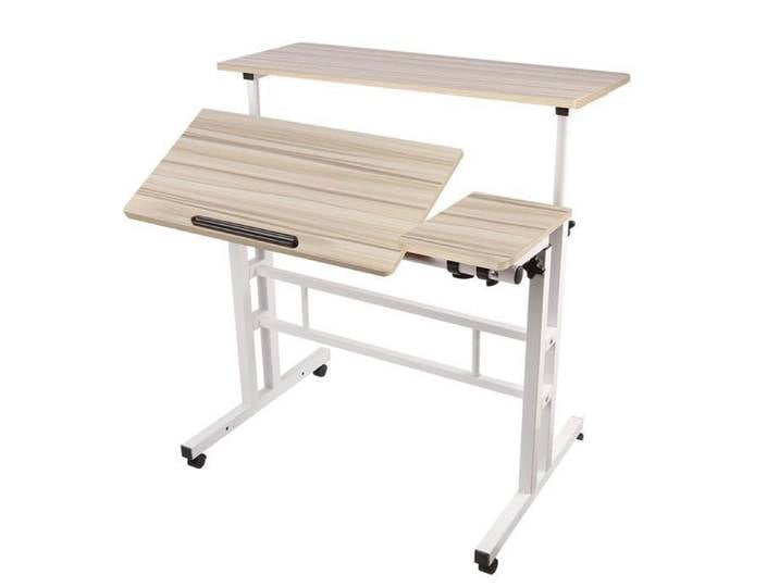 Bureau Assis Debout Mobile pour Ordinateur Portable Petit Bureau Pliant Hauteur Réglable 80x60x67-117 cm Beige