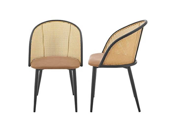[en.casa] Esszimmerstuhl Gagnef Stühle Esszimmer 2er Set Rattan Braun 2 x Stuhl Designstühle Kunstleder Polsterstuhl Metallbeine Schwarz