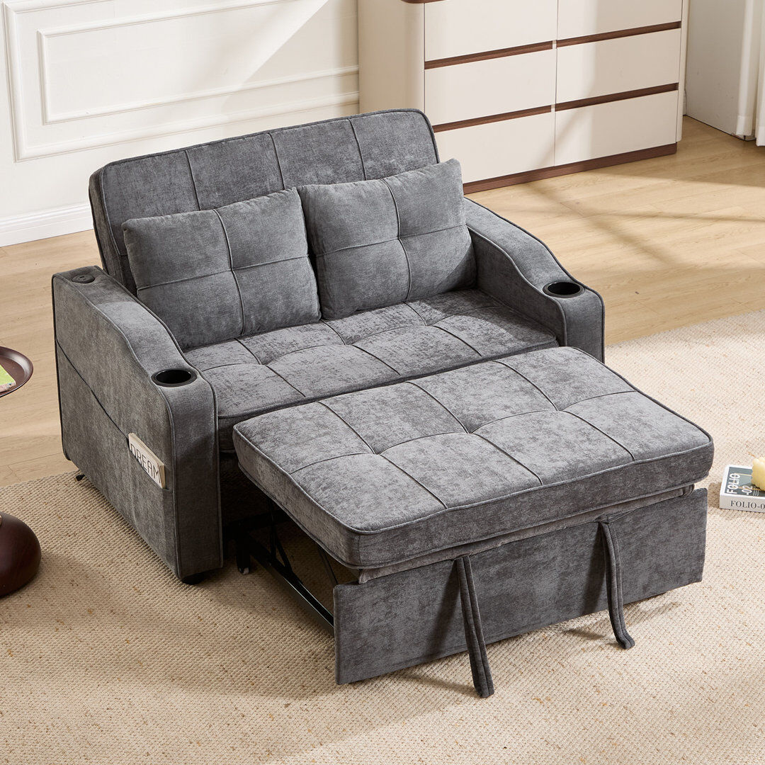 17 Stories Wide Contemporary And Super Soft Upholstered Sleeper Sofa With Convertible Backrest And Cupholder Grey 83cm H X 126cm W X 111cm D