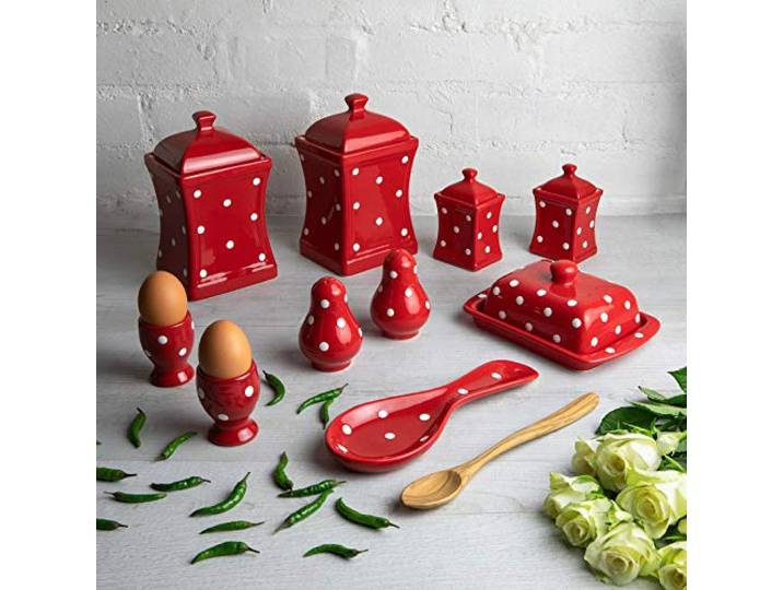 City to Cottage® - Keramik Geschirr Set 10-teilig Rot und Weiß Polka Dots Handgemacht Behälter Küche, Butterdose, Eierbecher, Salzstreuer und Pfefferstreuer, Löffelablage