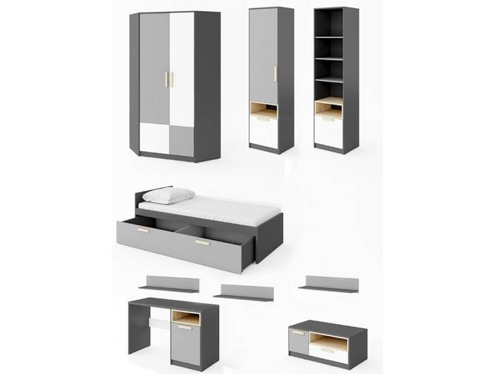 Feldmann-Wohnen Jugendzimmer-Set Pok, 9-tlg graphit grau weiß Buche Ibsen