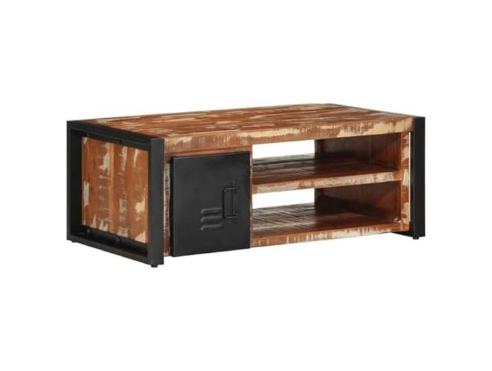 KUTYWEXFM Couchtisch Altholz Massiv Mehrfarbig 90x50x36 cm Rustikaler Beistelltisch aus recyceltem Massivholz mit robustem Gestell aus Eisen für das Wohnzimmer.