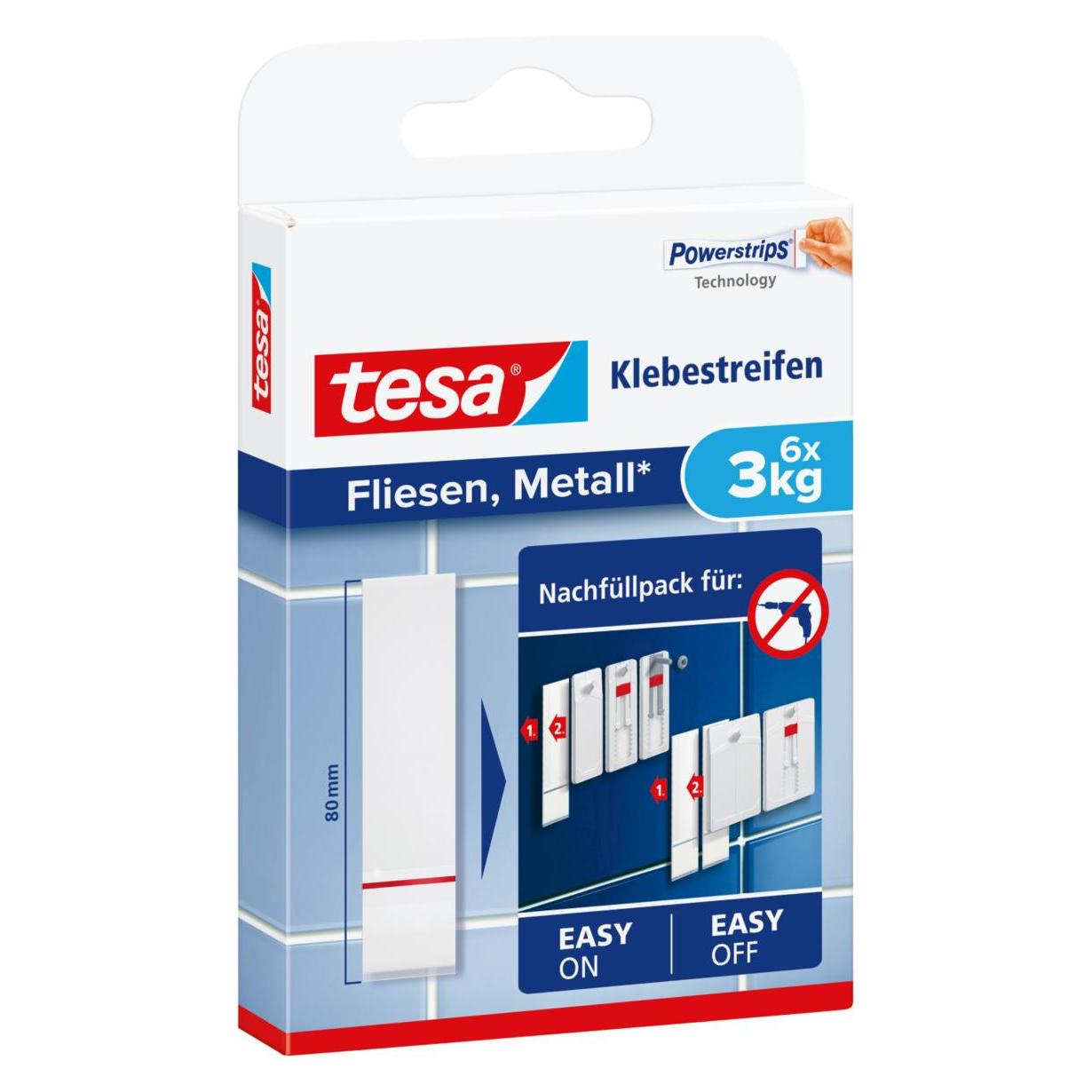 tesa Powerstrips für Fliesen & Metall, 3kg Halteleistung, 6x doppelseitige Klebestreifen (77761-00000-20)