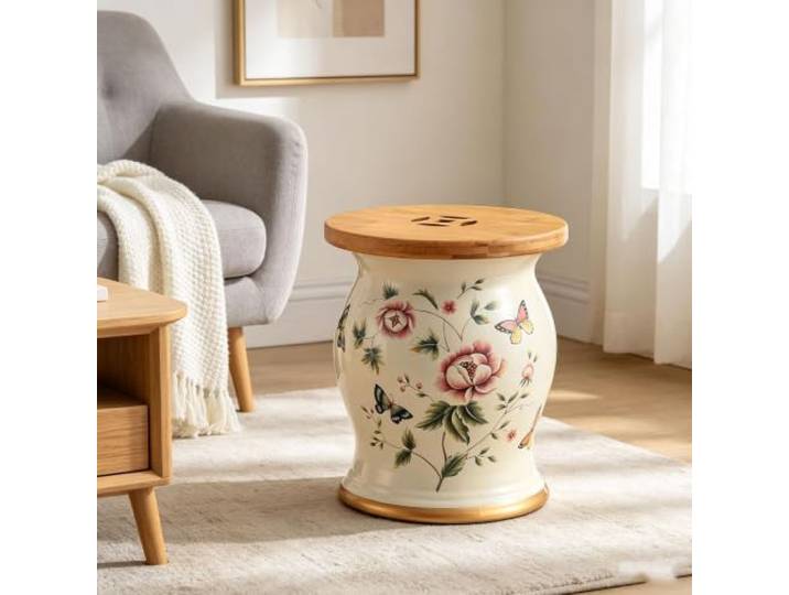 Chinoiserie Keramik Gartenhocker mit Stauraum,Dekorativer Trommelhocker Keramik Trommelhocker Chinoiserie mit Abdeckung,Mehrzweck Hocker, Beistelltisch für Wohnzimmer Foyer, Terrasse(15)