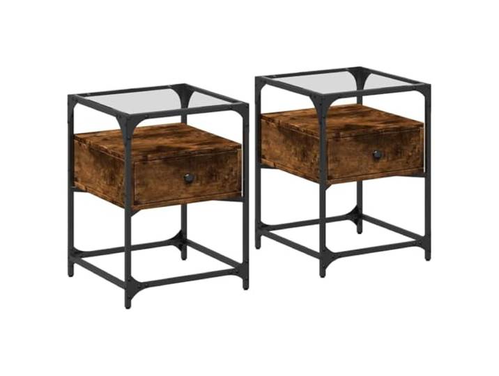 Fisinber Nachttisch 2er Set Räuchereiche 40x40x55 cm Beistelltisch Glas Stilvolle Glasplatte und zusätzliche Ablage schaffen Ordnung im Schlafzimmer. Inklusive stabiler Wandbefestigung.