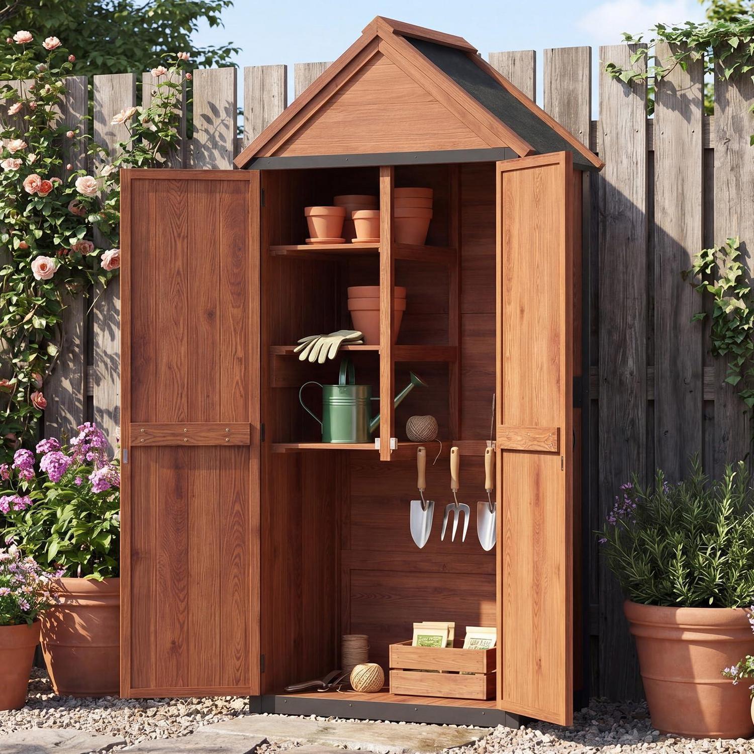 Gartenhaus Holz wetterfest mit 3 Einlegeböden & Asphaltdach, Gartenschrank Outdoor mit Magnetverschluss