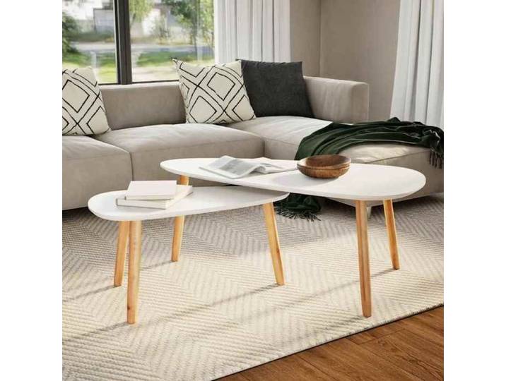 Table Basse Blanc Bois Pin Massif Meuble Rangement Lot 2 Decoration Salon Interieur