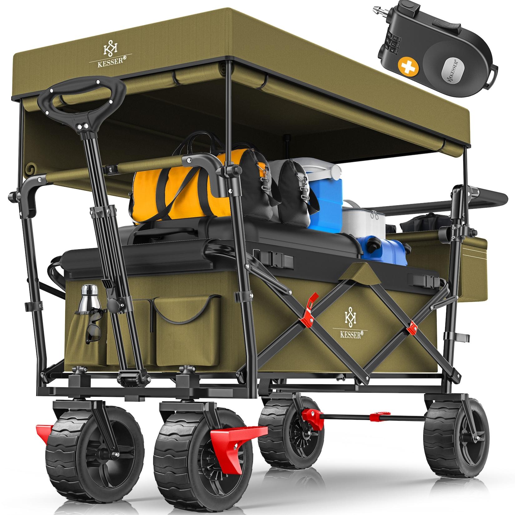 KESSER® Bollerwagen faltbar GT9000 Handwagen mit Dach Transportwagen max. belastbar bis 150kg mit Hartgummi-Räder & Feststellbremsen (Vorne & Hinten) Inkl. Abdeckung, Wetter & Sichtschutz