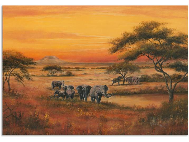 Wandbild ARTLAND Afrika Elefanten , orange (farbe bild(er): orange), B:100cm H:70cm, Bilder, Wandbild, als Alubild, Leinwandbild, Poster in verschied. Grössen