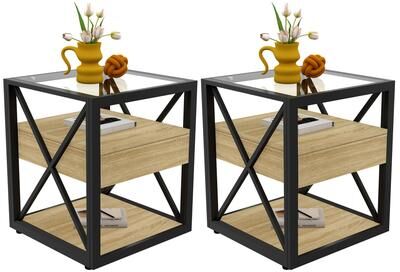 Kodotan sofa Set Of 2 Modern End Table With Drawer - Nightstand For,Rustic Wood Grain Mdf&Tempered Glass Top, Industrial Style Side Table