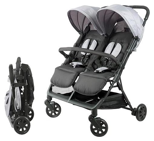 Doppelkinderwagen nebeneinander | ideal für Zwillinge ab der Geburt mit ultra-kompaktem Zusammenklappen | Farbe Schwarz und Grau