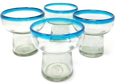 Dos Suenos Dos Sueños Mexican Hand Blown Glass – Set of 4 Hand Blown Stemless Aqua Rim Margarita Glasses (14oz)