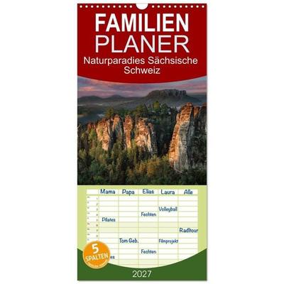 Familienplaner 2027 - Naturparadies Sächsische Schweiz mit 5 Spalten (Wandkalender, 21 x 45 cm) CALVENDO