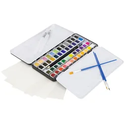 ECD Germany Aquarellfarben Set 48 Farben, inkl. 3 Pinsel, 2 Aquarellstifte, 2B-Bleistift, Papier & Palette
