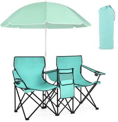Costway Portable Folding Picnic Double Chair With Removable Umbrella-Mint Green
