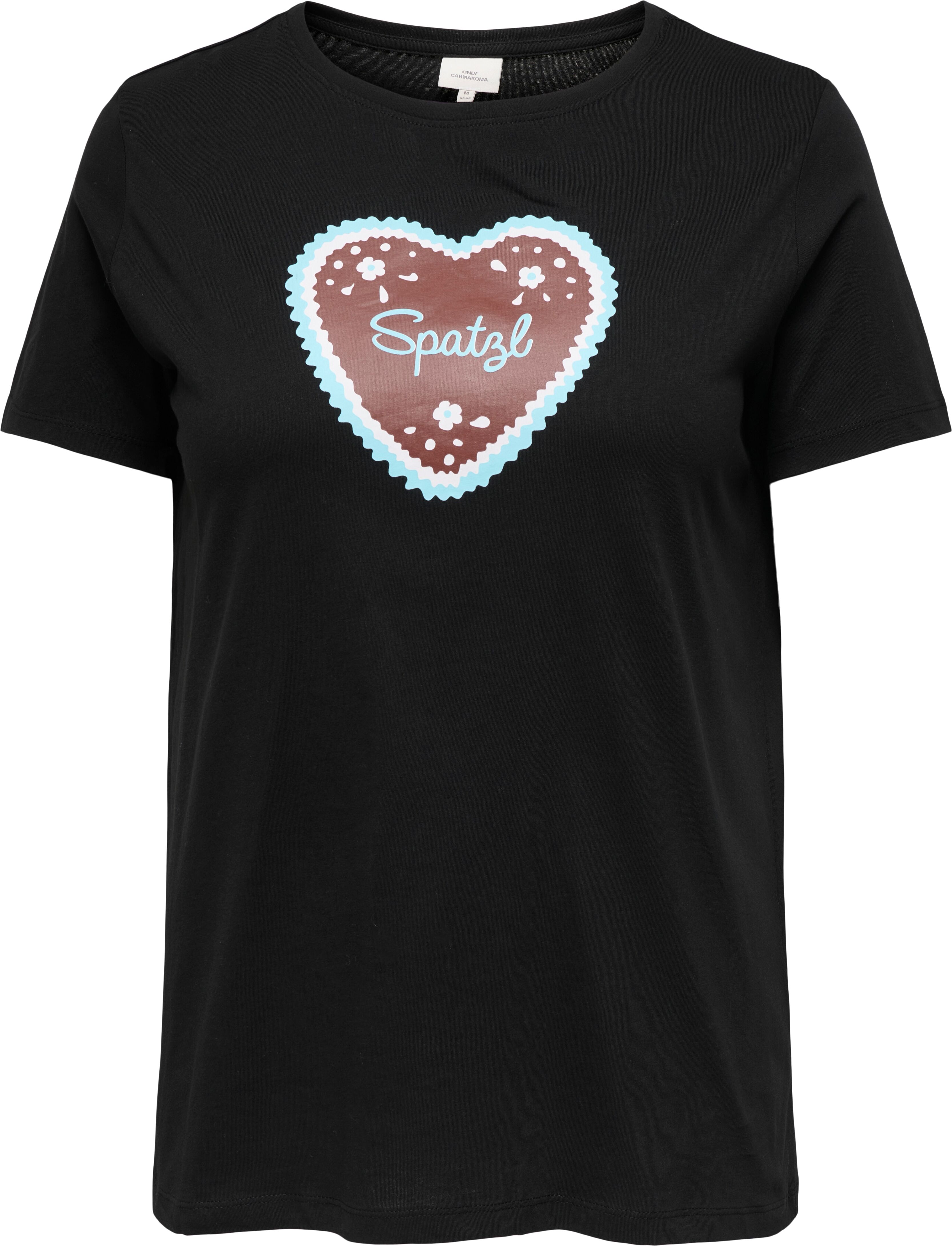 Kurzarmshirt ONLY CARMAKOMA "CARULRIKA S/S REG TEE JRS", Damen, Gr. S, schwarz (schwarz detail:blau heart front print), Jersey, Obermaterial: 100% Baumwolle, bedruckt, regular fit, Rundhals, Shirts Kurzarmshirt schwarz detail:blau heart front print S