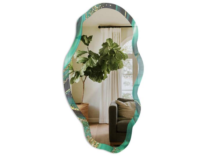 Tulup Spiegel 90x45 cm asymmetrisch mit Druck - Grüne Abstraktion, Transparent, Glas, Organisch, 45x90x0.4 cm, Spiegel, Wandspiegel