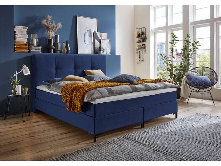 Boxspringbett, Strukturstoff, Blau, 165×214 cm, Taschen-Federkernmatratze, Atlantic Home Collection