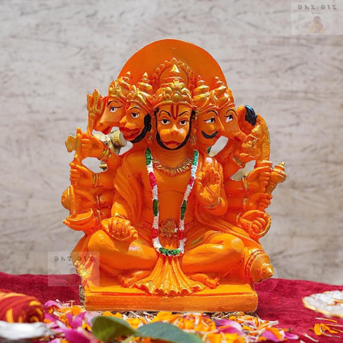 Panchmukhi Hanuman Standbeeld - Oranje Idool met Vijf Gezichten - Hoogte: 15,24 cm