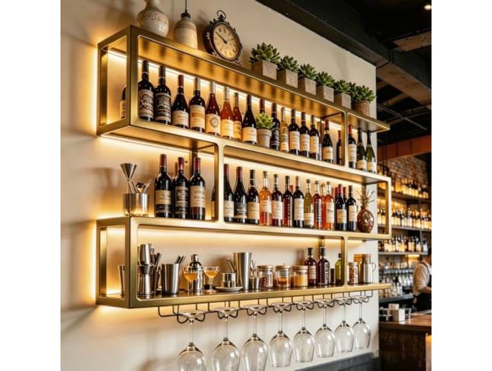 AUSKLEZU Wand-Weinregal aus Metall mit Glashalter – wandmontiert, modernes Design, platzsparend für Bar, Wohnzimmer & Restaurant (Gold, 180CM)