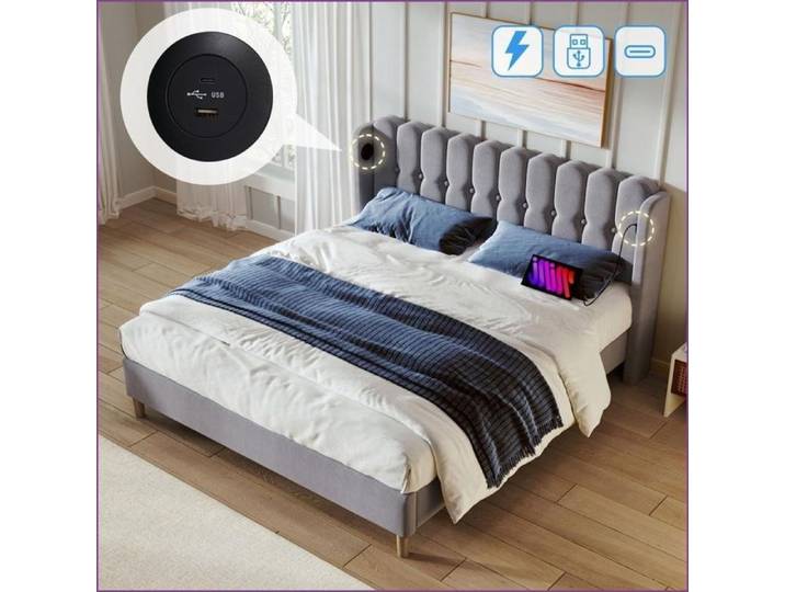 Lits Cadres & Supports - Cadre de Lit Double 160x200cm avec Chargeur USB-C Tissu Linge Gris