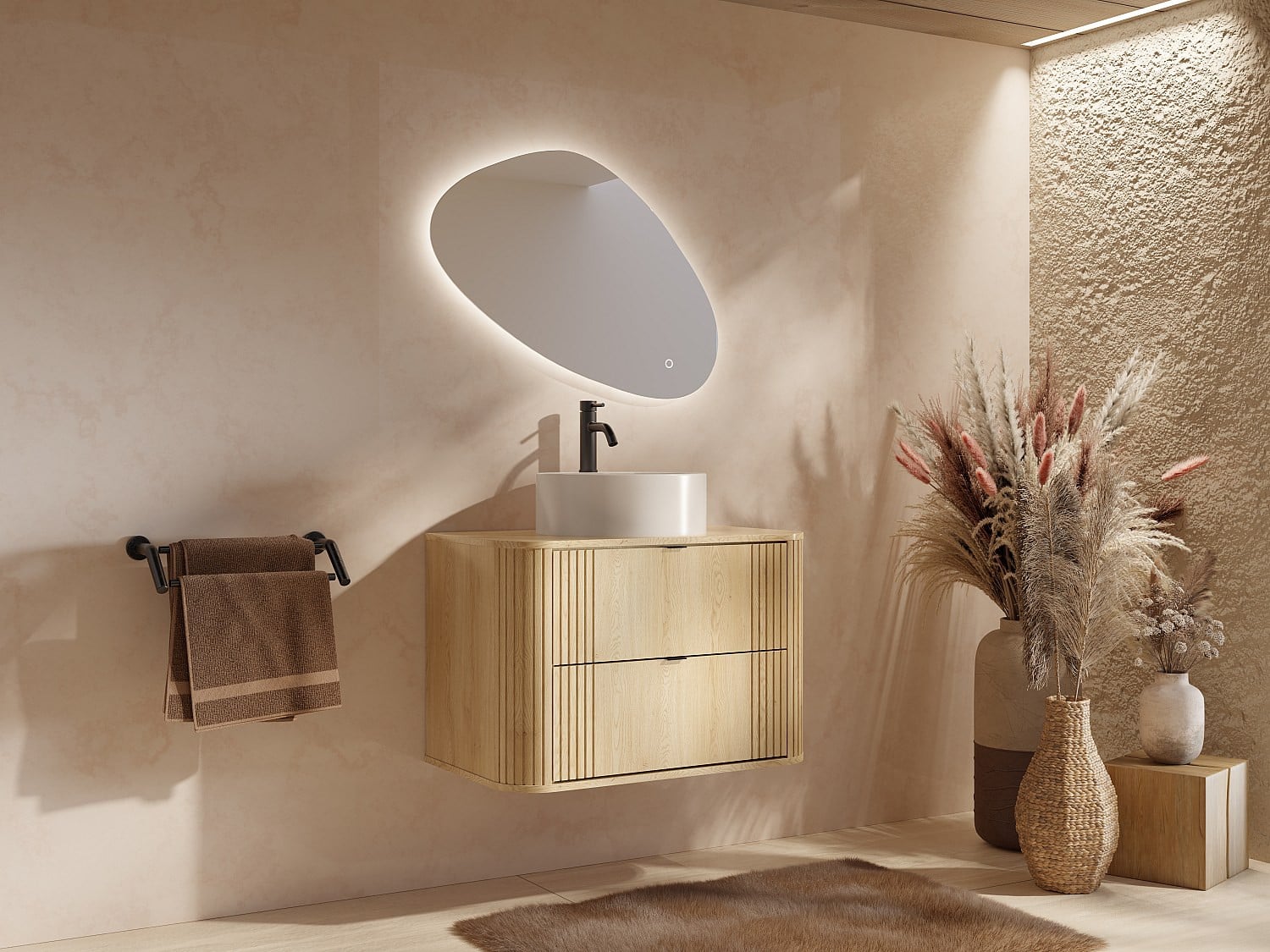 FILOR Zwevend badkamermeubel met ronde keramische opzetwastafel in licht naturel - 80 cm