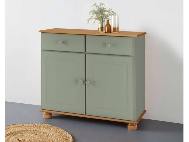 Sideboard GOODPRODUCT Mette Kommode mit 2 Türen & 1 Schubladen, die optisch geteilt ist , grün (salbei grün, gebeizt), B:80cm H:77cm T:34cm, Massivholz, Sideboards, Sideboard, Kommode mit gefrästen, kugelförmigen Füssen, 2 Türen und 1 Schublade
