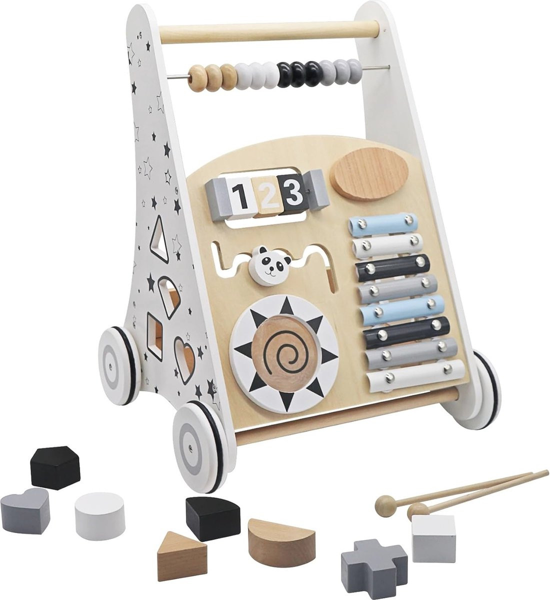 Houten loopwagen met xylofoon en activiteiten voor baby's