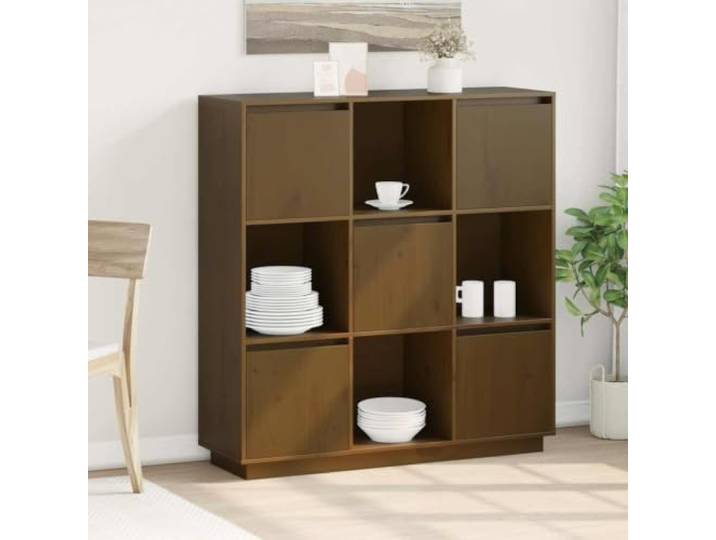 HEFZGDB Klassisches Highboard aus Massivholz in Honigbraun mit 5 Türen für reichlich Stauraum als massives Kiefernholz Highboard Schrank im modernen Design