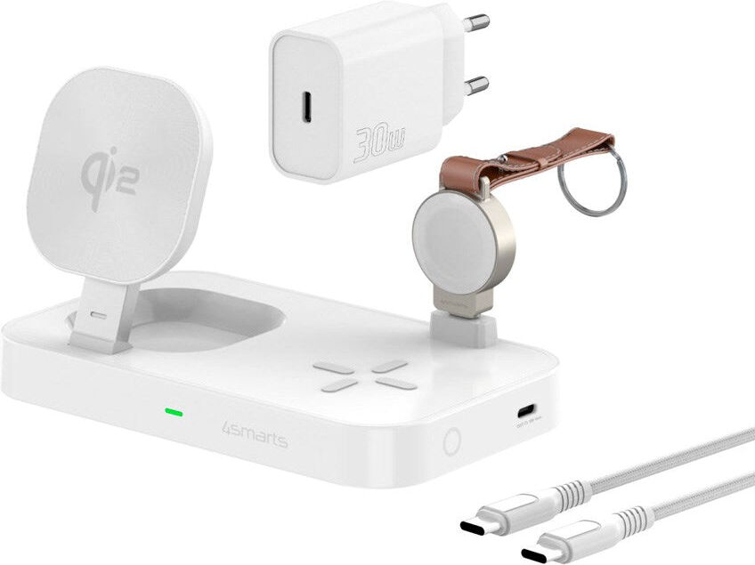 4smarts - 3-i-1 Qi2 Trådløs Opladningsstation - MagSafe Kompatibel - Hvid
