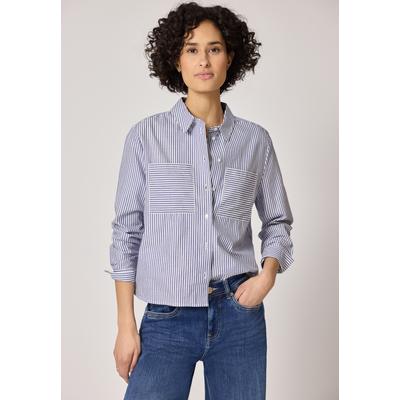 Langarmbluse STREET ONE, Damen, Gr. 44, blau (original blau), Web, 100% Baumwolle, gestreift, klassisch normal, V-Ausschnitt, Bündchen, Blusen, aus reiner Baumwolle