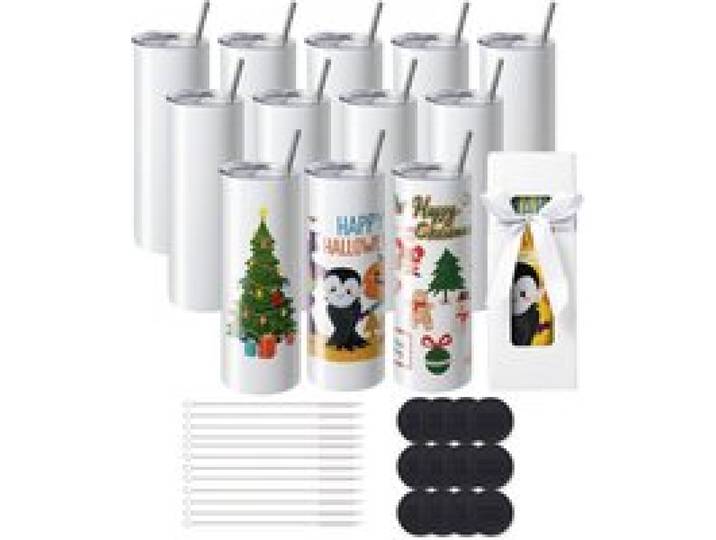 VEVOR 12er-Pack Gerade Sublimationsbecher, 591,5 ml Blanko-Becher, Edelstahl-Doppelwandbecher mit Strohhalm, Deckel, Bürste, Boden, Schrumpffolie, Geschenkbox, für Wärmepresse und Wärmeübertragung
