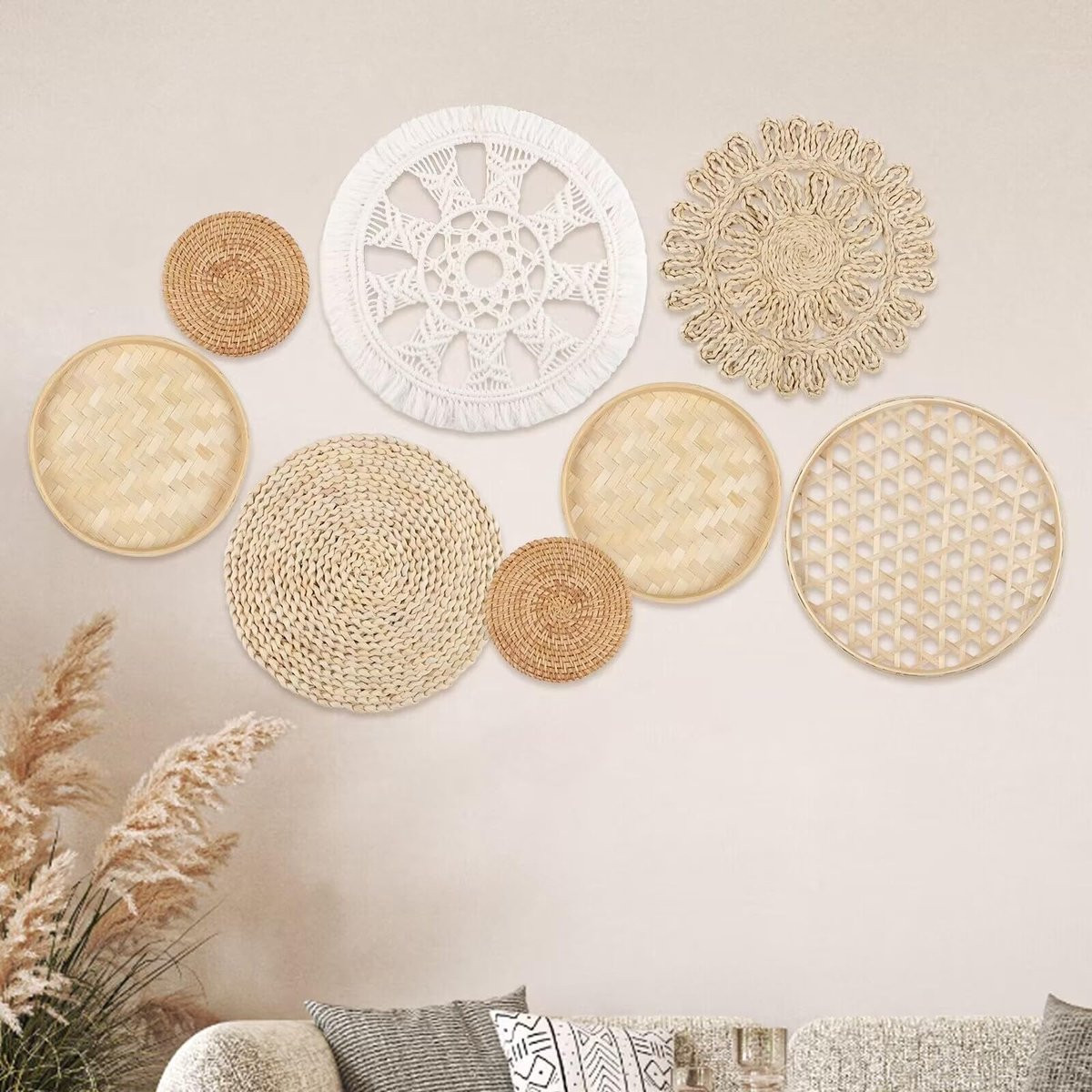 Ibenzoa 8-delige set geweven wandmanden boho wanddecoratie van natuurlijke materialen