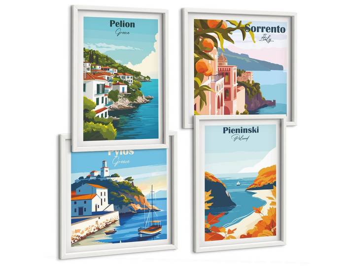 BILDER SET 4er Set - 50x50 cm & 40x60 cm Weißer Rahmen - Retro-Landschaften im malerischen Stil