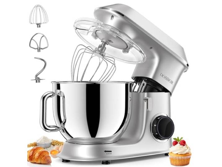 Pâtissier\, DOBBOR 1500W Robot Batteur Patisserie avec Fouet\, Batteur\, Crochet\, Bol d'Acier Inoxydable\, 7 Vitesses Faible Bruit Patisserie Électrique\, Compatible Lave-vaisselle (Silver)