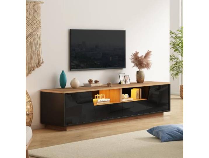 Merax TV-Schrank mit LED, Modern Fernsehtisch Hochglanz, TV Lowboard Schrank mit 2 Türen, 2schubladen, Offene Fächer, TV-ständer für Fernseher bis zu 75 Zoll, für Wohnzimmer, 180cm, Schwarz&Holzfarbe