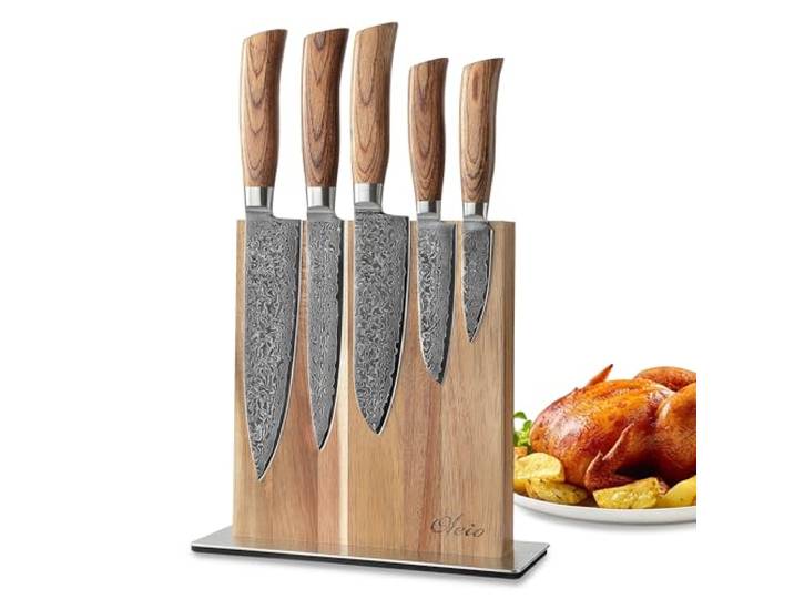Wakoli EDIB Pro Messerblock-Set 5-teilig, 67 Lagen Damaststahl, VG10 Kern Chef-, Fleisch-, Santoku-, kleines Santoku- und Officemesser mit 15° V-Schliff, Pakkaholzgriffen und Magnetblock aus Akazie