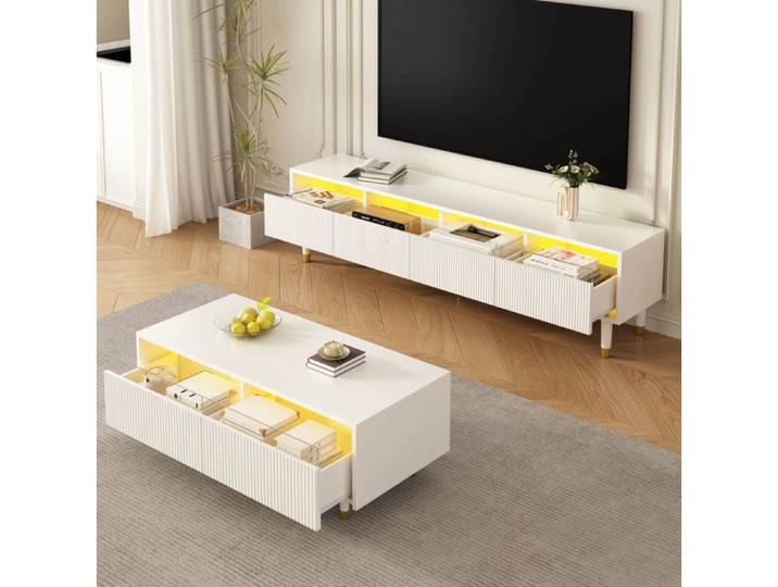 ROVRYN Ensemble meubles de salon meuble TV 4 portes et table basse 2 tiroirs LED 7 couleurs blanc et or MDF