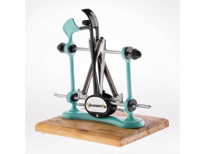 Warthog Sharpeners V-Sharp A4 ELITE Messerschärfer Aqua Blau, mit 4 verschiedenen Schleifwinkel – hochwertigem Holzstandfuß - Messerschleifer für Jagdmesser, Küchenmesser, Schnitzmesser, uvm.