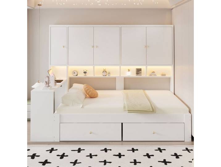 Canapé-Lit multifonctionnel bois 90x200 cm Blanc bureau rangements tiroirs LED prises – Idéal étudiant petit espace